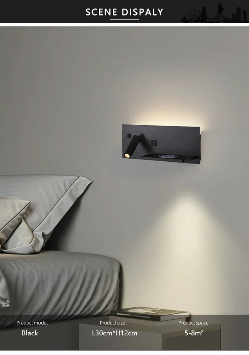 Modern LED Wall Lamp with Wireless Charger Simple Creative USB Interface Night Light Suitable for Living Room Bedroom Study