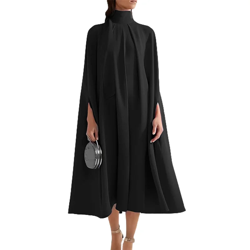 Women Elegant Solid Color High-Neck Party Evening Dresses 2025 New Spring Batwing Sleeves Lace-Up Banquet Robe Vestido