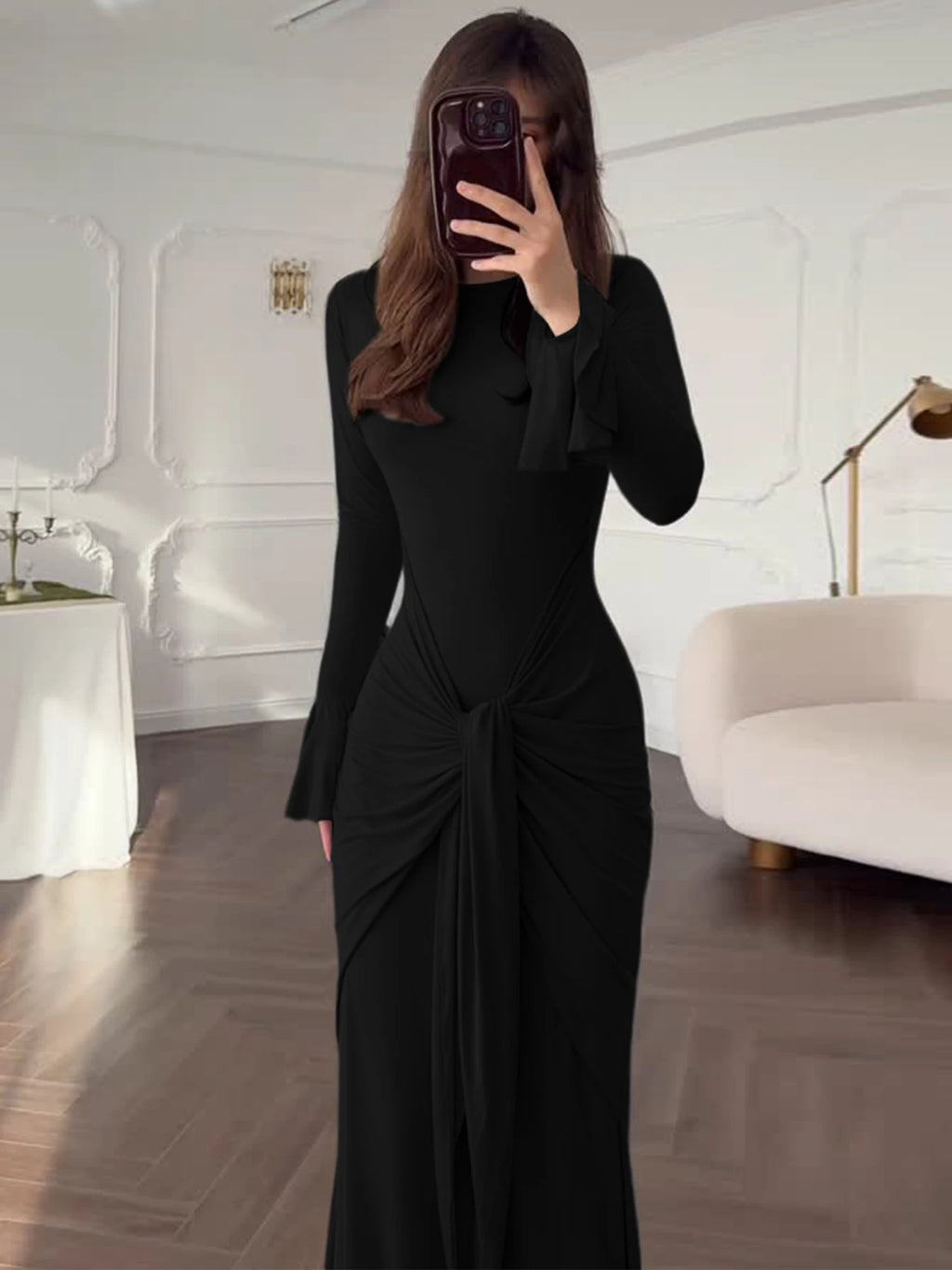 Dulzura O-Neck Long Flare Sleeve Ruched Lace Up Slim Long Dress Women'S Fashion Elegant Clothes Party Club Street Autumn Outfit