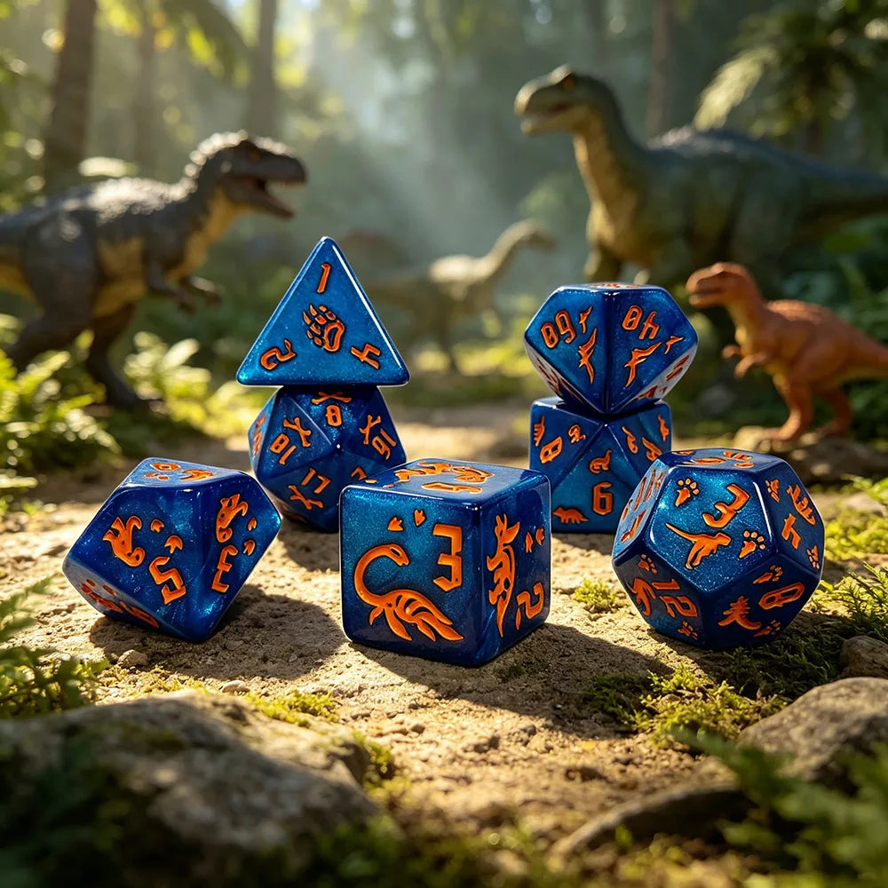 7Pcs Jurassic Ocean Blue Dinosaur Engraved Dice Set, Polyhedral Acrylic DND Dice for TTRPG RPG Board Games & Role Playing