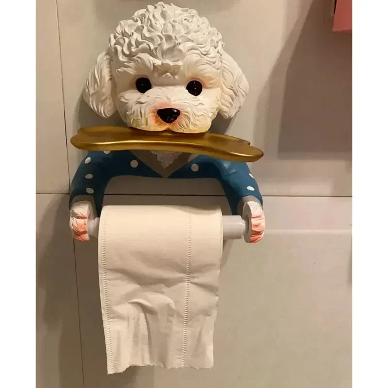 Cartoon Teddy Dog Toilet Paper Holder Punch Free Wall Mounted Toilet Tissue Roll Paper Storage Tray Rack Bathroom Decoration