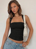 Hugcitar Women Fashion Square Collar Solid Patchwork Lace Sexy Crop Tank Top Summer Clothes Summer Clothes Streetwear Party