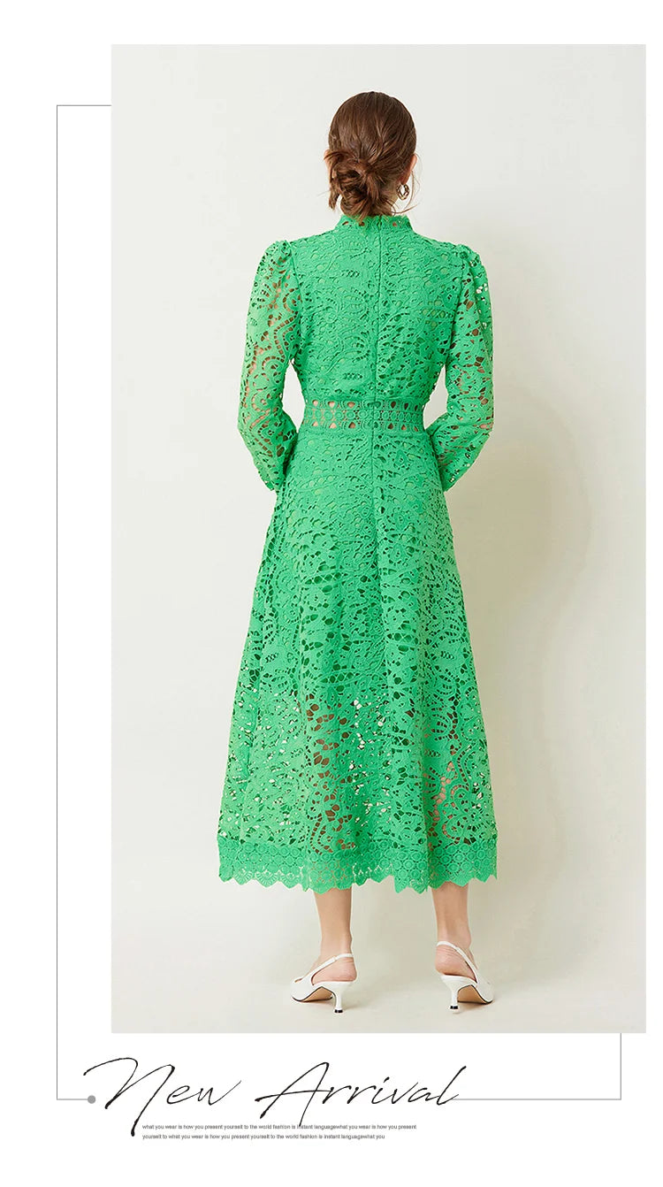 Solid Lace Holloe Out Slimming Elegant Dresses For Women Stand Collar Long Sleeve High Waist Minimalist Dress Female Fashion