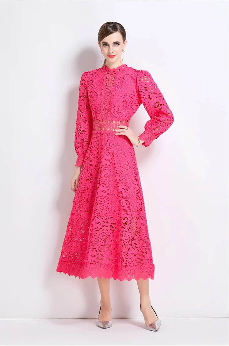 Solid Lace Holloe Out Slimming Elegant Dresses For Women Stand Collar Long Sleeve High Waist Minimalist Dress Female Fashion