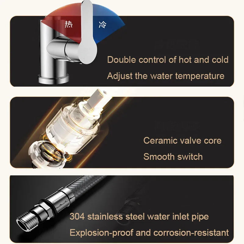 Kitchen Pull-out Flying Rain Waterfall Faucet Hot and Cold Faucet 304 Stainless Steel Single Hole Kitchen Faucet Bathroom