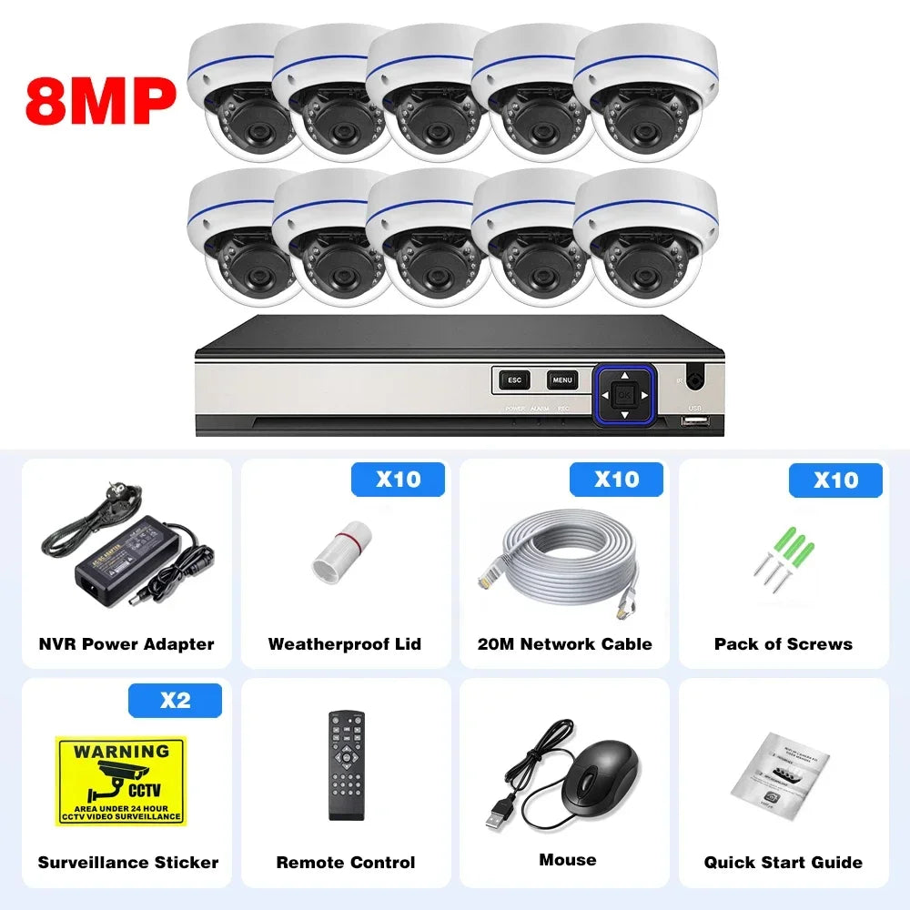 10CH 4K 8MP POE Security Camera Kit Audio Motion Detection Vandalproof Outdoor Dome Camera 5MP 4MP CCTV Surveillance Protection