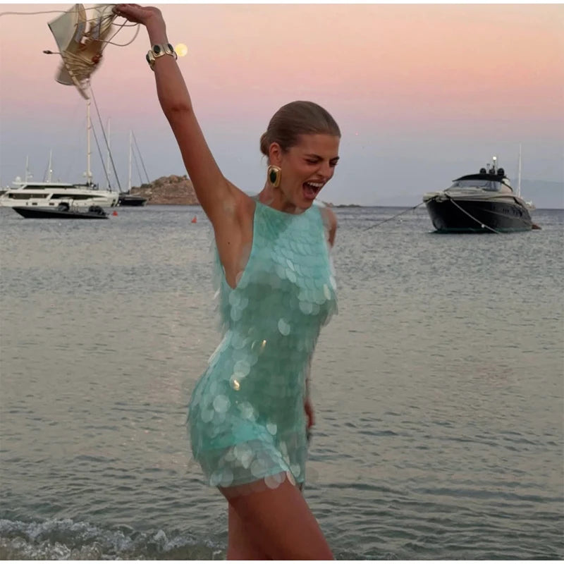 Fashion Sequin Mini Dress Women Sexy O-neck Sleeveless Backless Waist-cinching Slim Dresses 2026 Summer Lady Vacation Robe