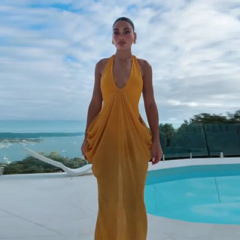 Chic Bohemian Yellow Dress Draped Chiffon Vintage Women Dresses Party Summer Vacation Beach Trendy Streetwear