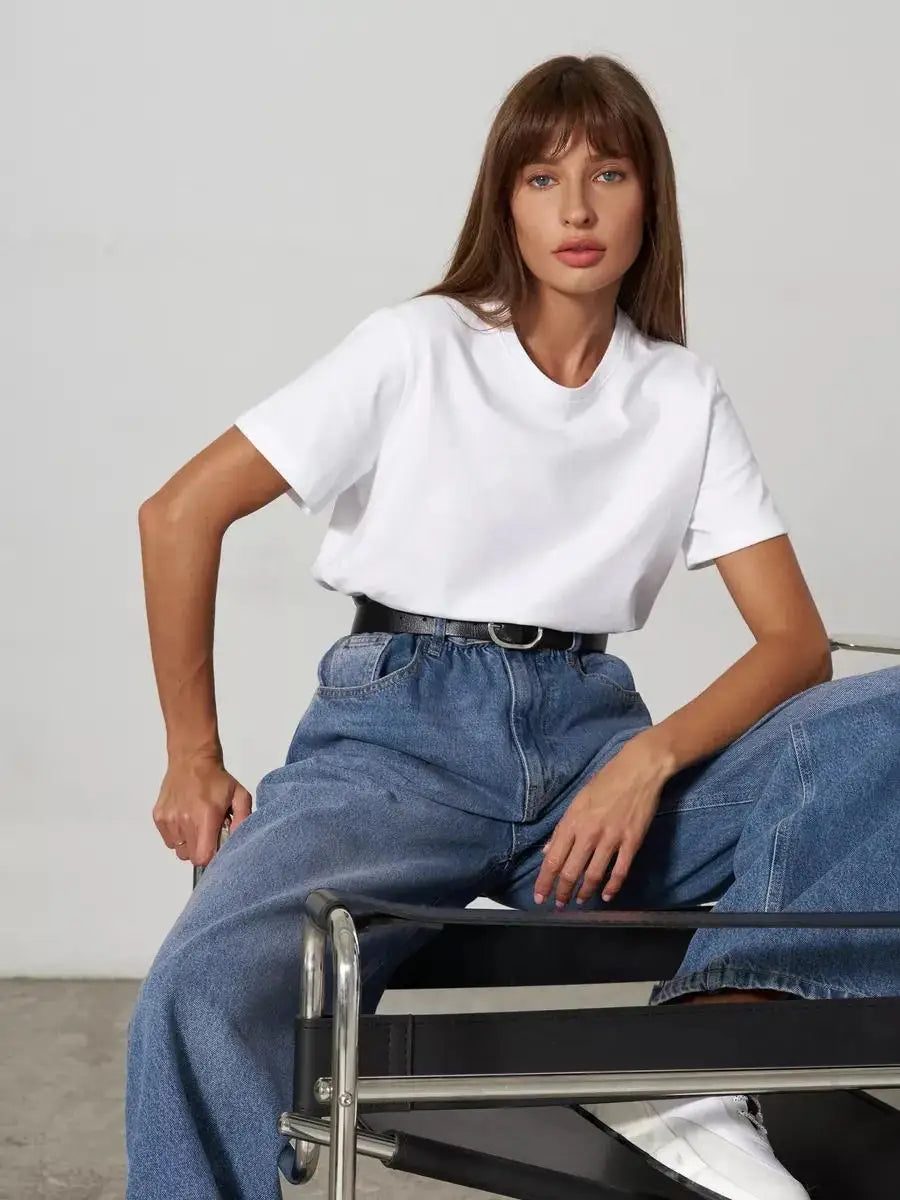 Cross border hot selling cotton T-shirt with round neck and short sleeves for European and American women loose basic top