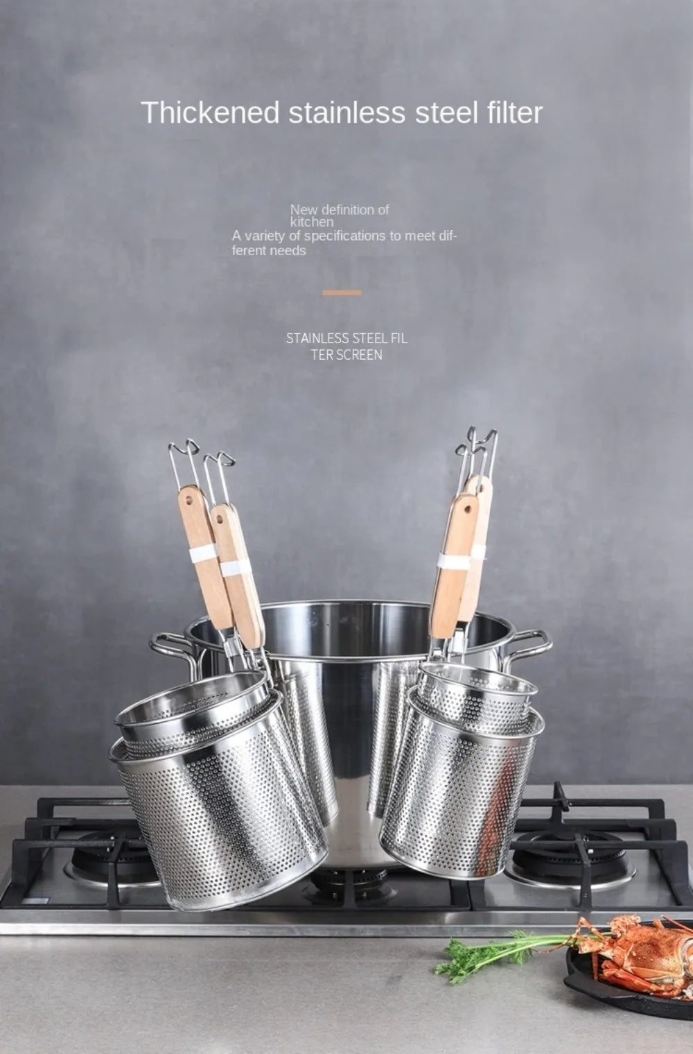 Durable Thickened Stainless Steel Funnel Wooden Handle Multifunctional Pasta Basket Strainer Kitchen Gadgets Deep Fry Basket