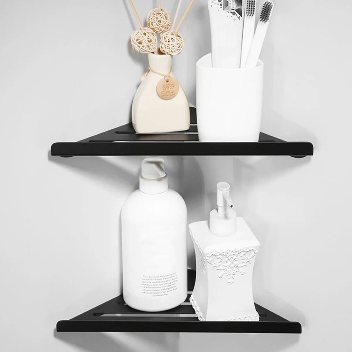 Wall Mount Shower Corner Shelf No-drill 304 Stainless Steel Corner Shampoo Body Wash Storage Organizer for Bathroom Glass Shelf