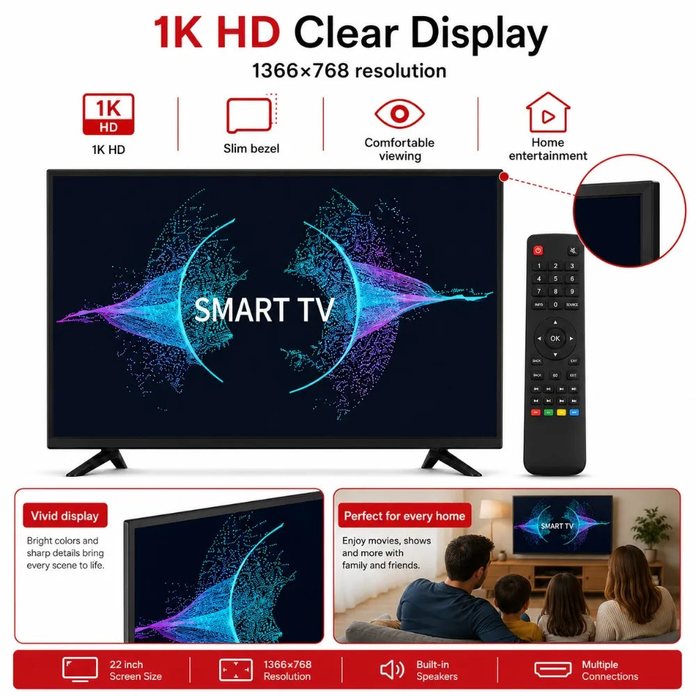 22 Inch Smart TV Android LED Television HD WiFi Bluetooth HDMI USB Flat Screen TV for Bedroom Kitchen RV Home