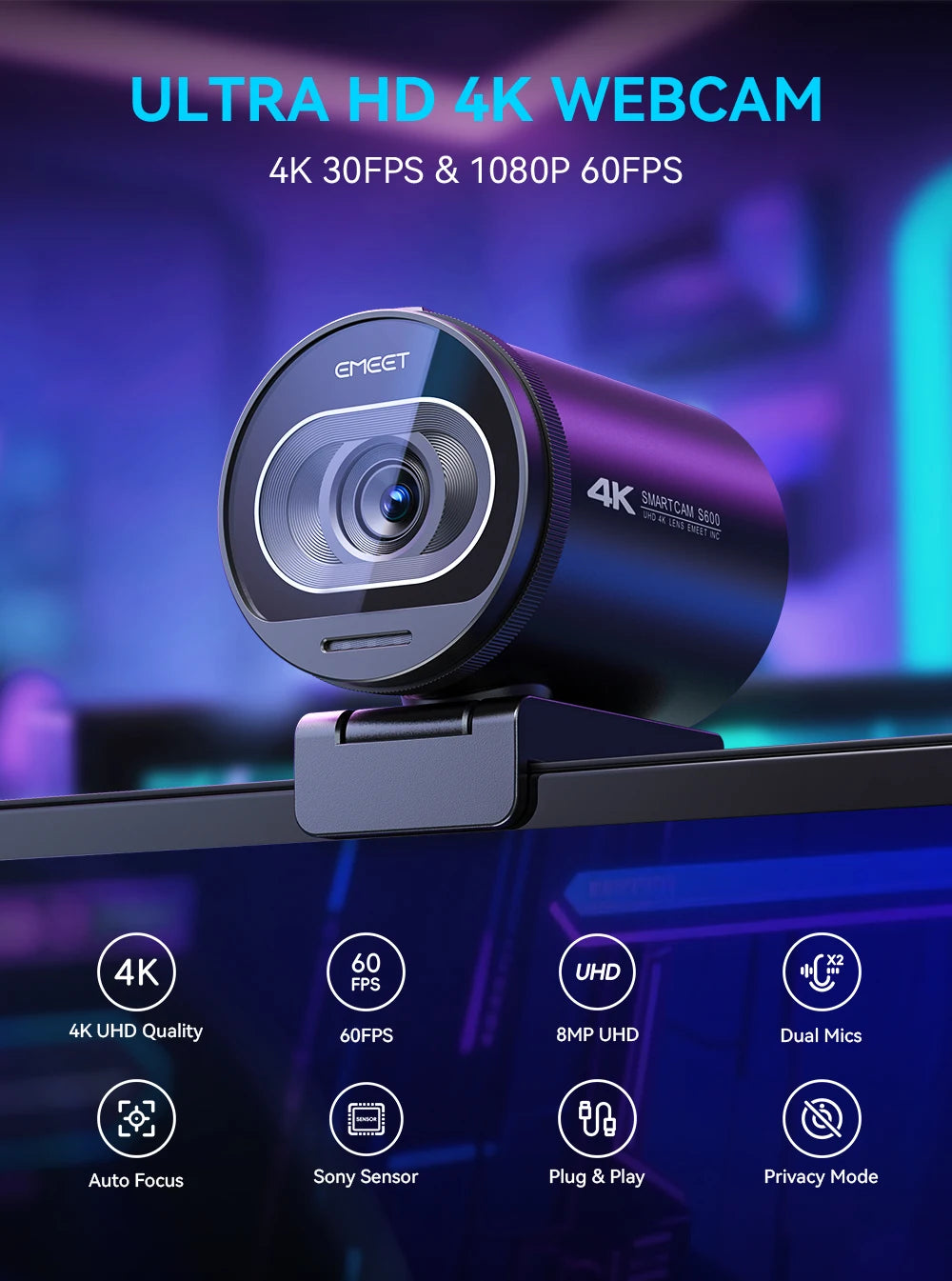 Webcam 4K Streaming Web Camera 1080P 60FPS USB Camera EMEET S600 Autofocus Living Stream Camera With Mics for Tiktok/YouTube