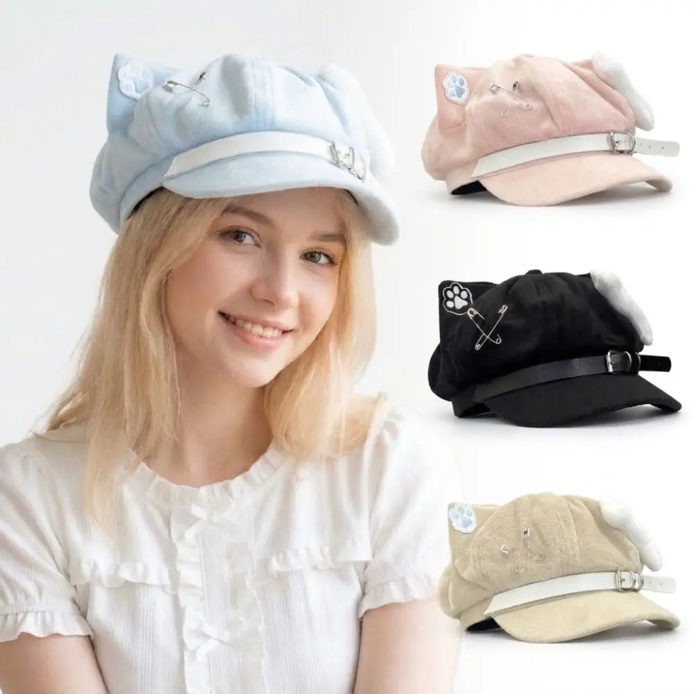 Cute Cat Ears Women's Beret Anime Cat Paw Pattern Newsboy Cap Japanese Style Sweet Baseball Cap Everyday Outfits