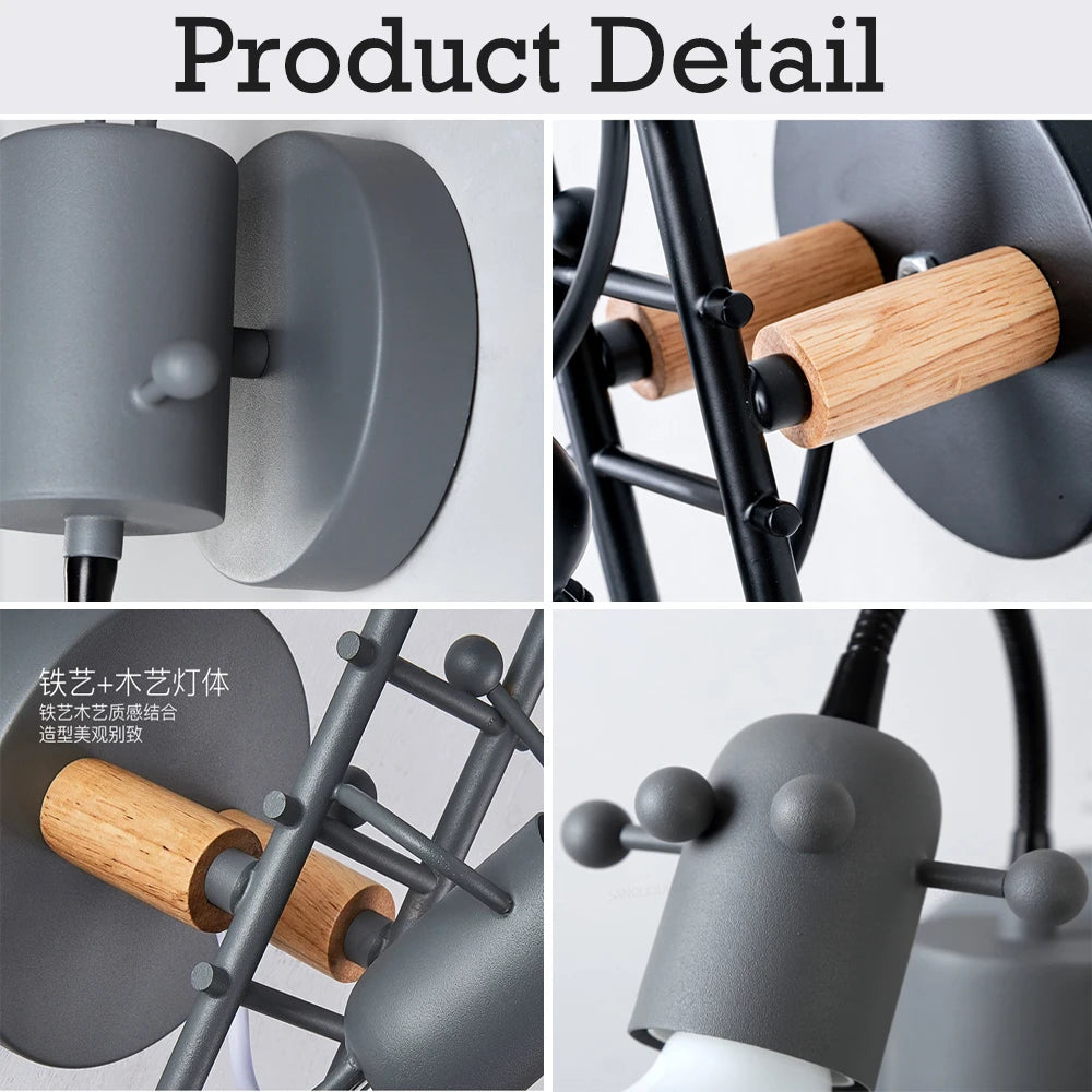 Modern LED  Wall Lamp Nordic Cartoon Doll Wall Lights  American Creative Metal Robot Sconce for Kids Baby Room Living Bedroom