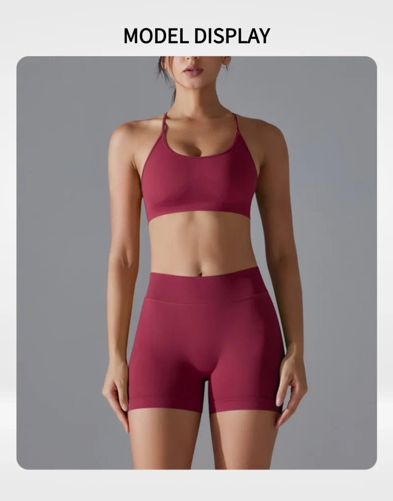 Women's Seamless Solid Color Cross Back High Elasticity Tight and Sexy Sports Bra Yoga Suit Set, Running and Fitness Two Pieces