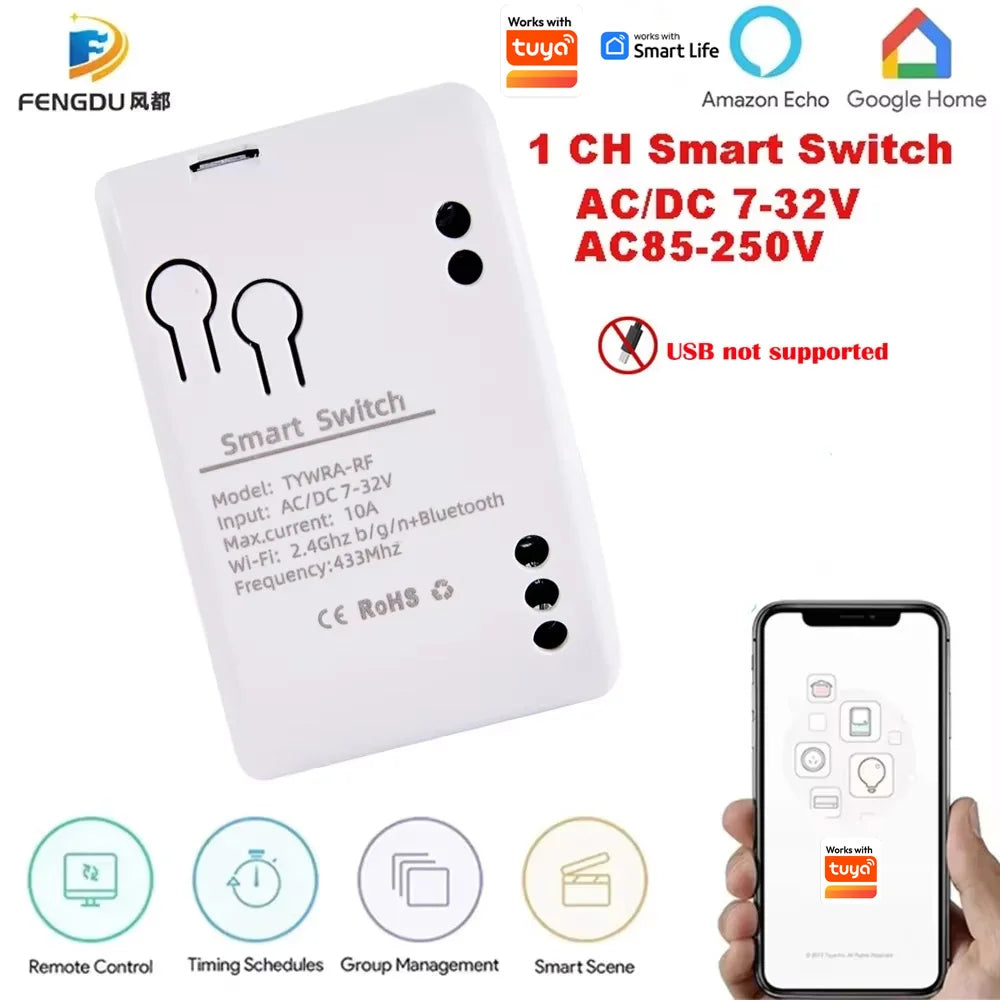 Wifi Smart Switch 1CH 7-32V Mini Wifi Light Controller 433 RF Receiver Gate Garage Opener 10A Works with Tuya App 1 Gang Relay
