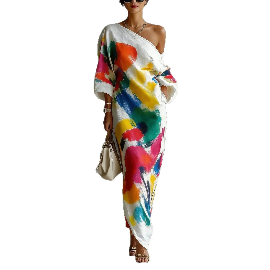 Abstract Brush Print One Shoulder Maxi Dress 3/4 Sleeve Loose Fit Casual Kaftan with Pockets, Bohemian Art Print Dress for Women