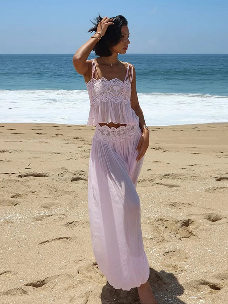 Lace Patchwork Pleated Slip Long Dress Women Sexy Spaghetti Strap Sleeveless Backless Loose Evening Dresses Chic Ladies Vestidos