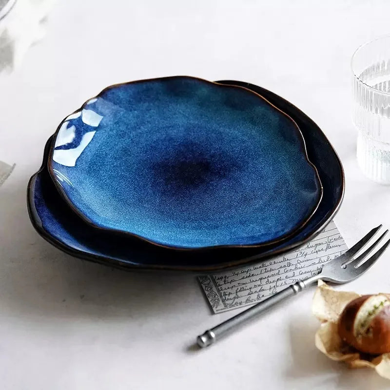 Nordic Style Blue Kiln Turned Ceramic Food Plate Steak Pasta Western Cuisine Plate Kitchen Utensils Dining Table Decoration