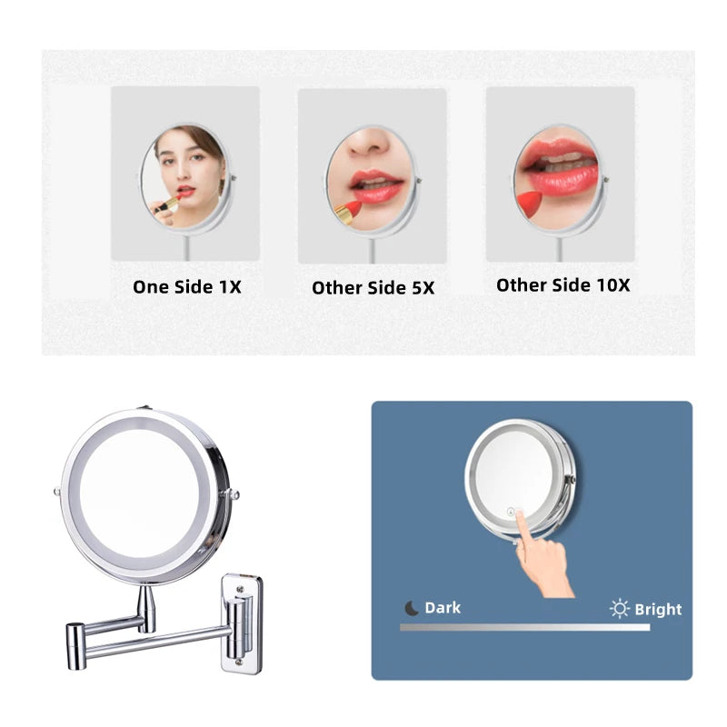 Wall Mounted Folding Arm Extend Bathroom Mirror With LED Light 10X Magnification Double Side Touch Dimming Makeup Mirrors