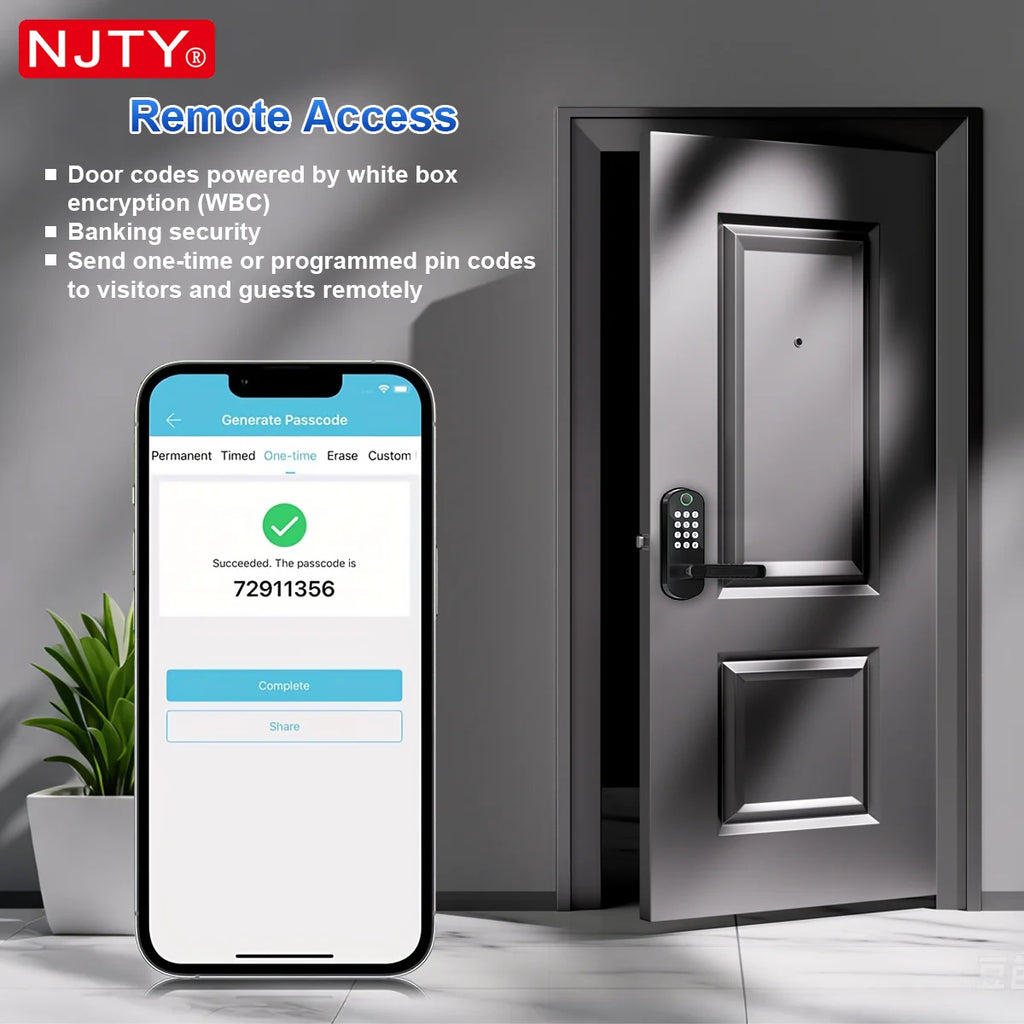 NJTY Fingerprint Door Lock Unlock by Fingerprint/Card/App/Password/NFC/Key Anti-Theft Electronic Door Lock for Bedroom/Outside