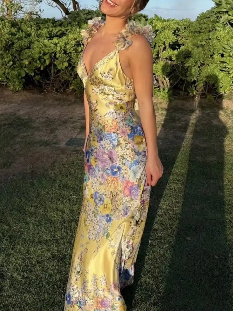 100% Silk Women Floral Print Sling Robe V-Neck Sleeveless High Waist Elegant Slim Yellow Maxi Dress