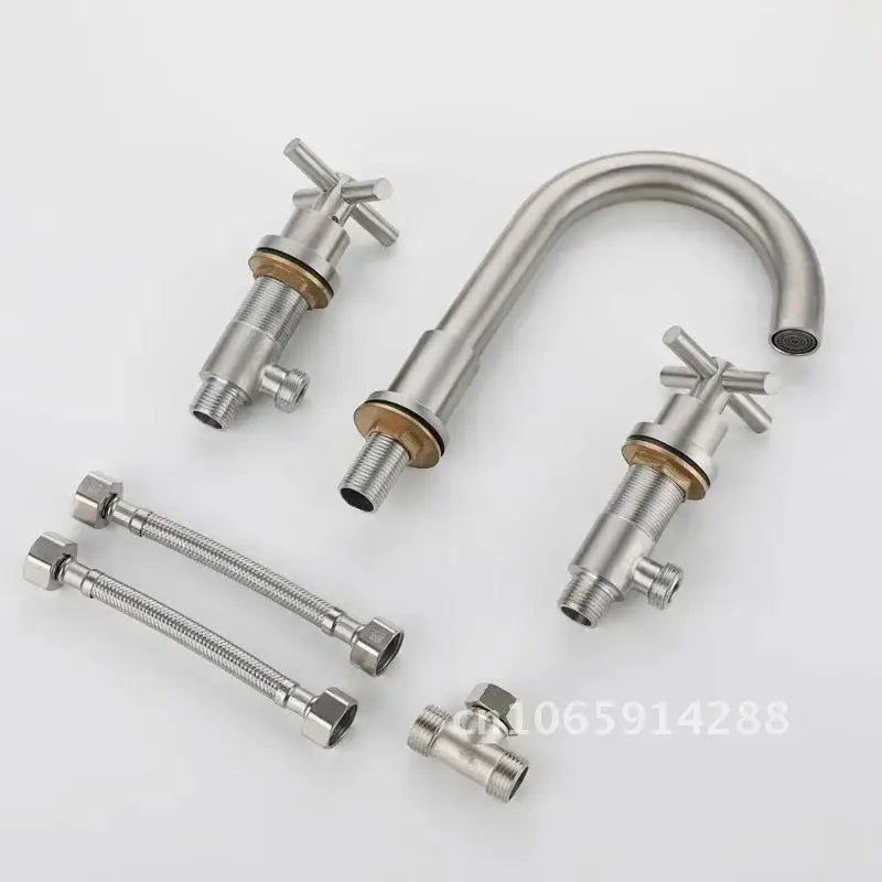 Free Faucet Bathroom WashBasin Dual Tap Solid 304 STAINLESS STEEL Faucet Handles Lead Set Basin Holes Tap Mixer Bathtub Sink 3