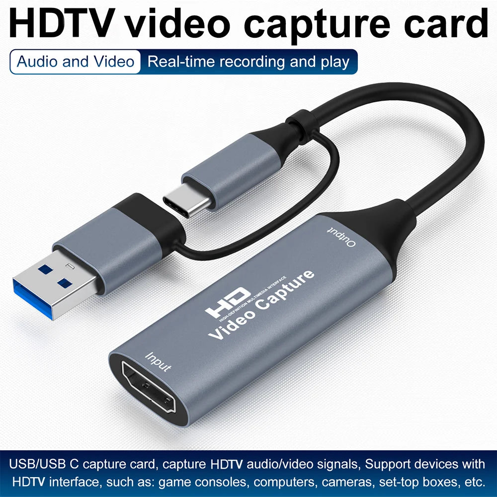 1080P Capture Card 4K HDMI-compatible to USB-A/USB-C USB2.0 Capture Video Audio Recording for OBS Studio PotPlayer QT Player