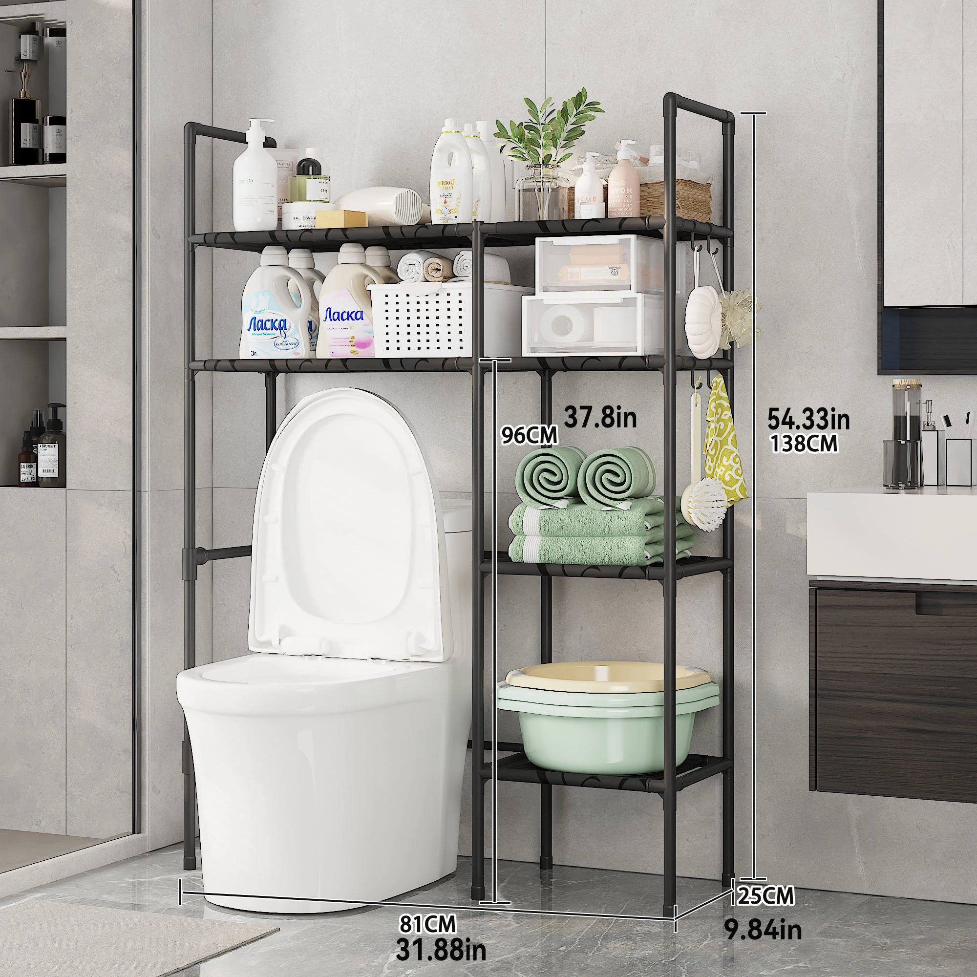 2/3 Tier Bathroom Storage Cabinet - Space-Saving, Over-The-Toilet Storage Shelf, Easy to Assemble, Suitable for Bathroom Essentials with Rust-Proof Metal Frame and Plastic Dividers, Ideal for Storing Toiletries, Towels, and D
