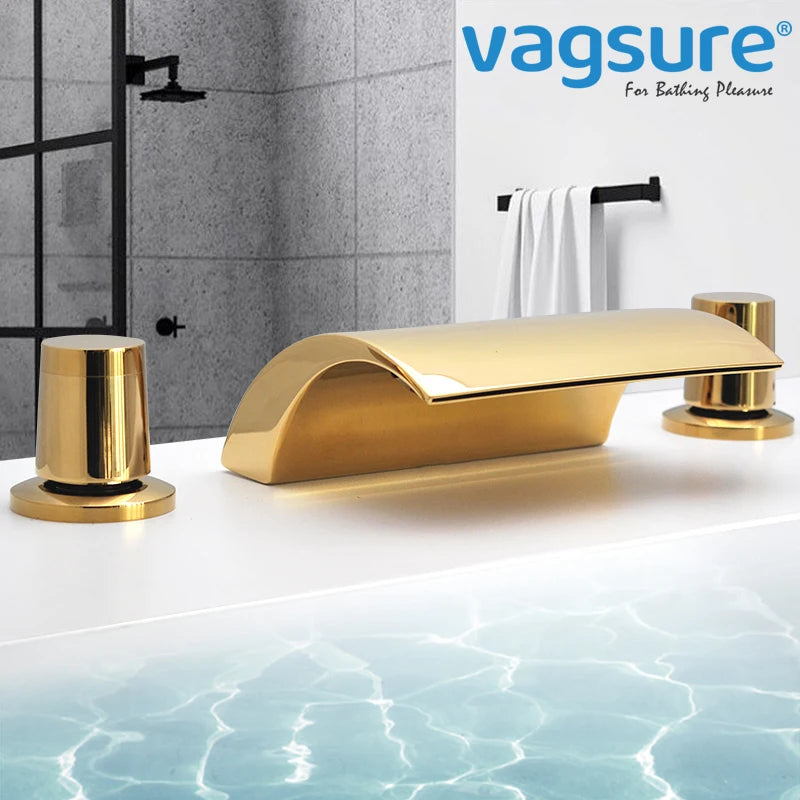 3PCS Bathroom Bathtub Faucet Basin Faucet Deck Mounted  Spa Tub Mixer Tap Cold Hot Mixer Waterfall  Matte Black or Gold Color