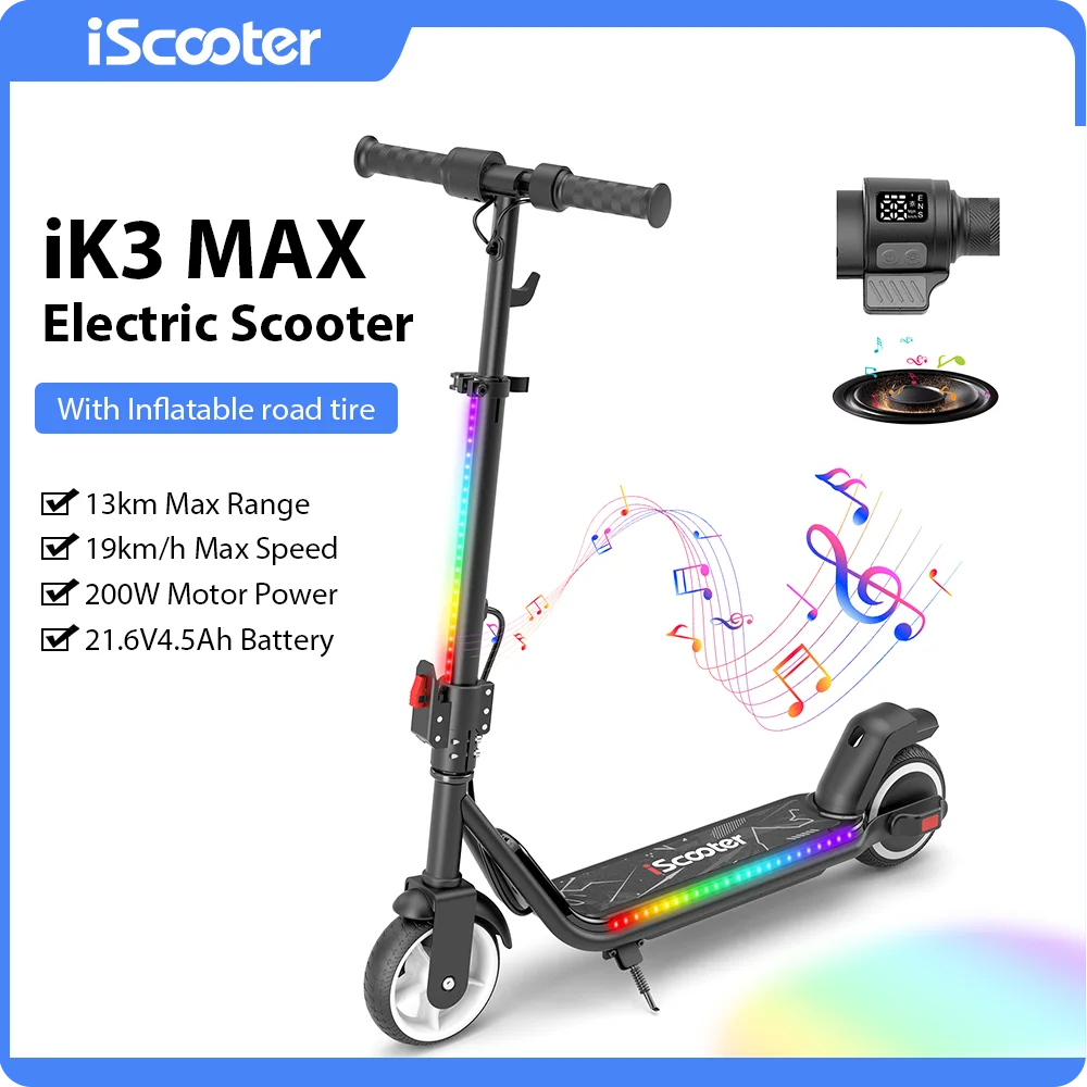 iScooter iK3Max Kids Electric Scooter 200W 4.5Ah Scooter 13KM Range Foldable Scooter Solid Tire Bluetooth Connection Kid Scooter
