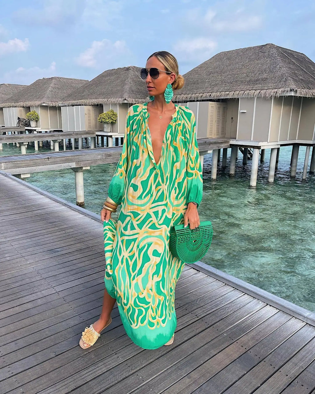 Autumn Women's Print Casual Dress New Fashion V-neck Long Sleeve Loose Holiday Party Long Dresses For Women Robe Femme 2024
