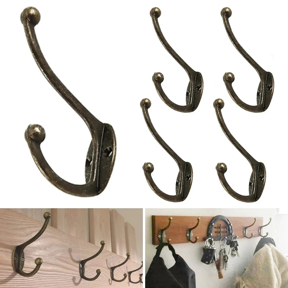 5Pcs Double Coat Hooks Wall Mounted Bathroom Coat Rack Retro Bronze Clothes Hanger Heavy Duty Door Coat Non-slip Hooks