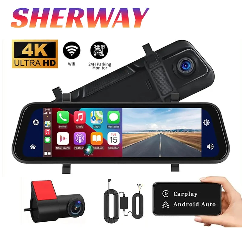 4K Mirror Dash Cam 9.66" with Carplay Android Auto Touch Screen Backup Camera Front and Rear View Dual Cameras for Car