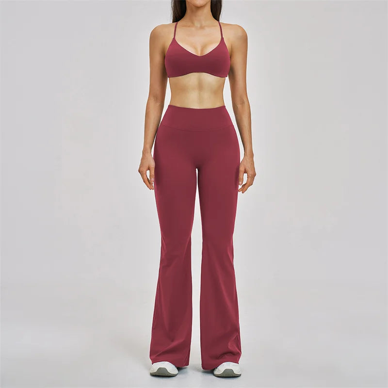 TRY TO BN Women's Tracksuit 2 Pieces Yoga Set Back Y Bra High Waist Leggings Flare Fitness Sportwear Workout Running Gym Clothes