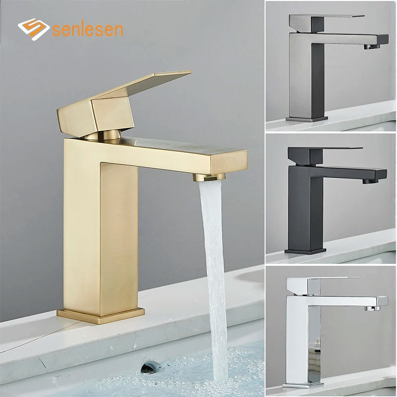 Senlesen Brushed Gold Bathroom Faucet Basin Faucets Deck Mounted Sink Mixer Tap Stainless Steel Countertop Hot Cold Water Crane