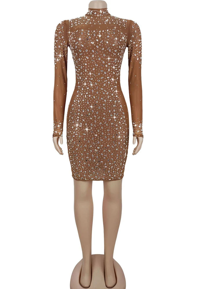 Beyprern Elegant Crystal See Through Mesh Party Dresses Women Glamour Long Sleeve Rhinestone Night Out Vestido Christmas Outfits