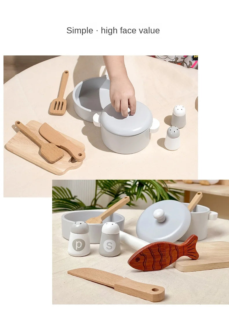 Children's Simulation Kitchen Toys, Early Education Educational Toys, Wooden Simulation Pots and Pans, Food, Role-Play Chef