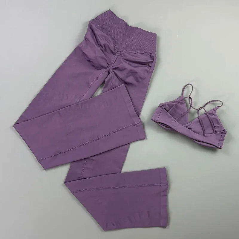 2Pcs Yoga Set Seamless Women Twist Front Sports Bra and Vision Flares Leggings Sets Scrunch Butt Cross Waist Gym Flare Pants Set