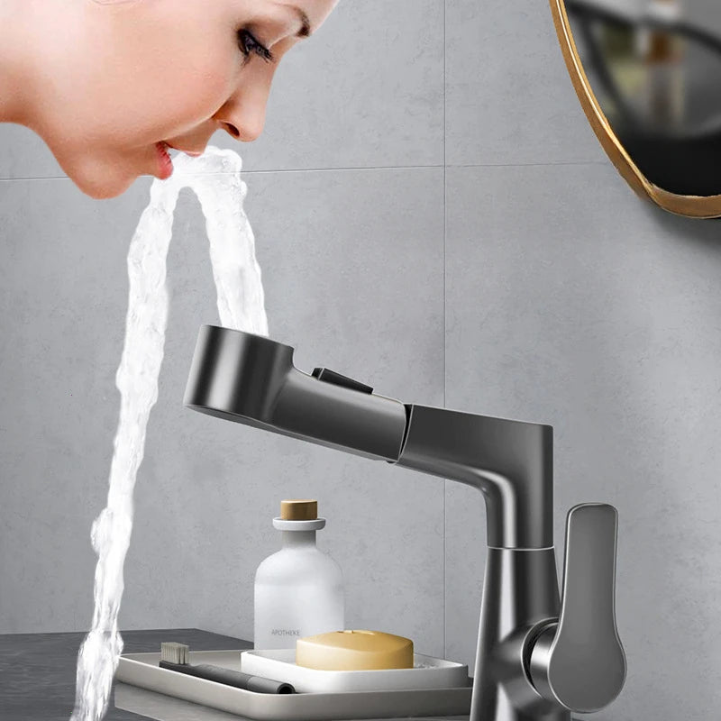 Basin Faucet Bathroom Pull Out Lift Mixer Tap Hot & Cold Water 360° Lift Up and Down Bathroom Sink Faucet
