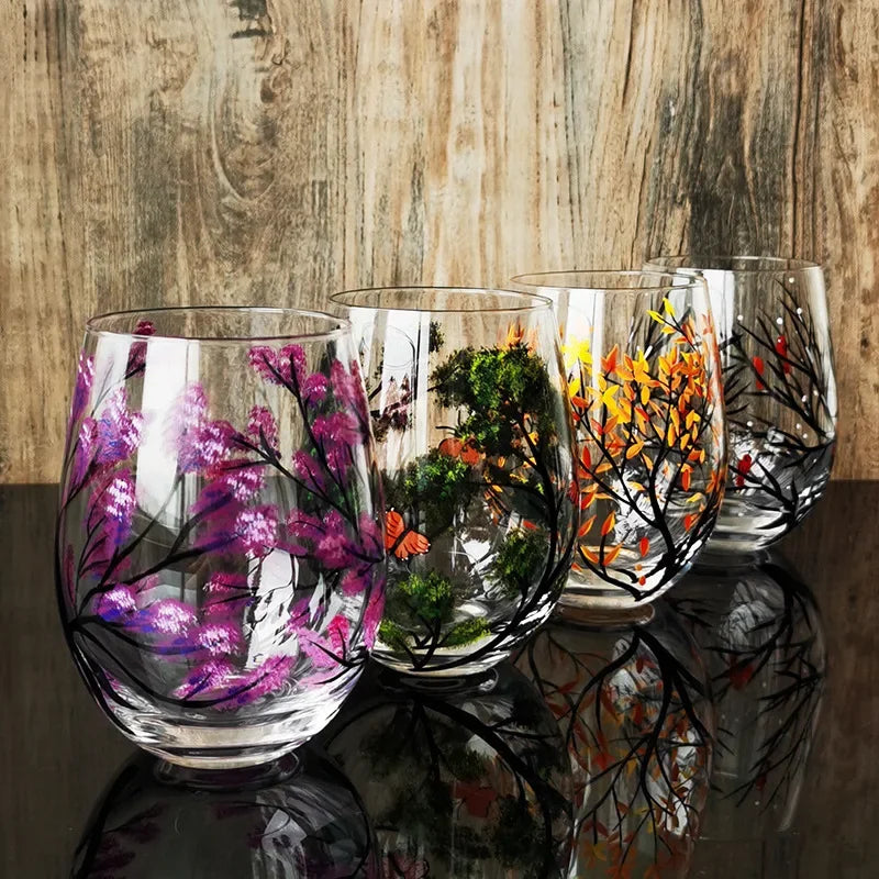 Creative Hand-Painted Crystal Goblet, Four Seasons, Wine Glasses, Drinking Glasses, Cocktail Glass