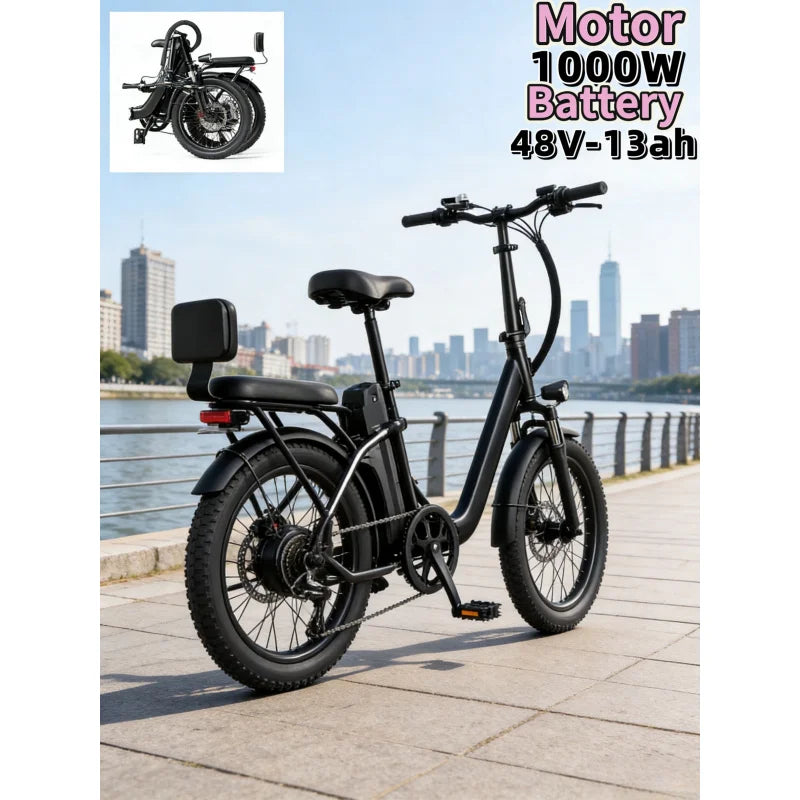 48V13AH detachable battery electric scooter, 20-inch foldable parent-child riding E-BIKE. , 1000W brushless motor electric bicyc