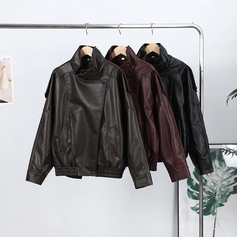 High Street Leather Jackets Women's Casual Double-breasted Turn Down Collar Loose Coats Elastic Waist 2026 Autumn New Outwear