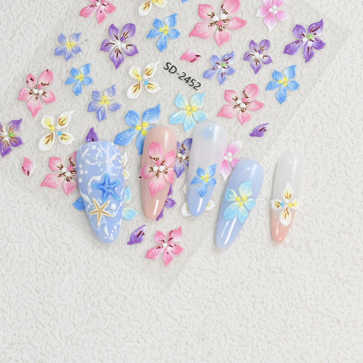 3 to 120 Sheets Tropical Flower Nail Stickers Hibiscus Butterfly Starfish Nail Decals 5D Embossed Self Adhesive Summer Nail Art