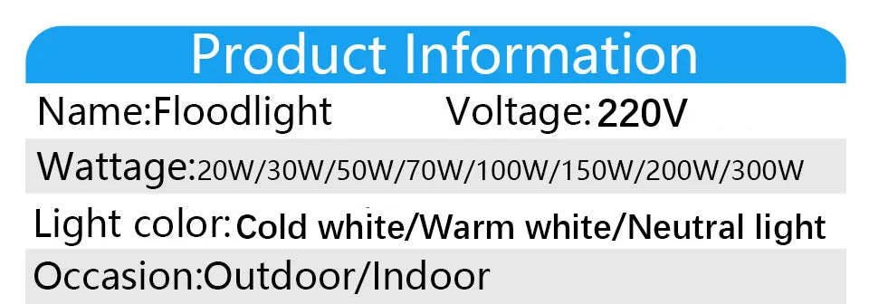 200W LED Flood Light 20W 30W 50W 70W 100W 150W 300WHigh Bright IP66 Waterproof Outdoor Lighting LED Spotlight Garden Floodlights