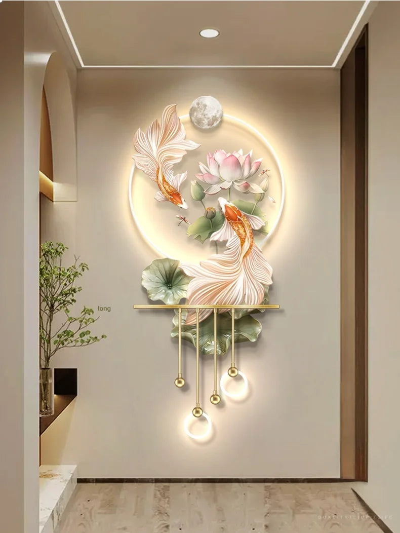 Modern Light Luxury Entrance LED Decorative Painting Koi Carp Home Decoration Living Room Bedroom Sofa Wall Corridor Mural Light