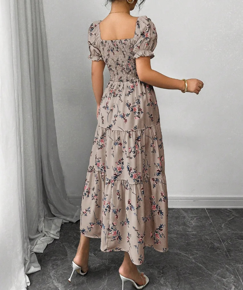 Spring and Autumn Women's Square Neck Short Sleeve Long Skirt Fresh Printed Casual Fashion Slight Backless Temperament Dress