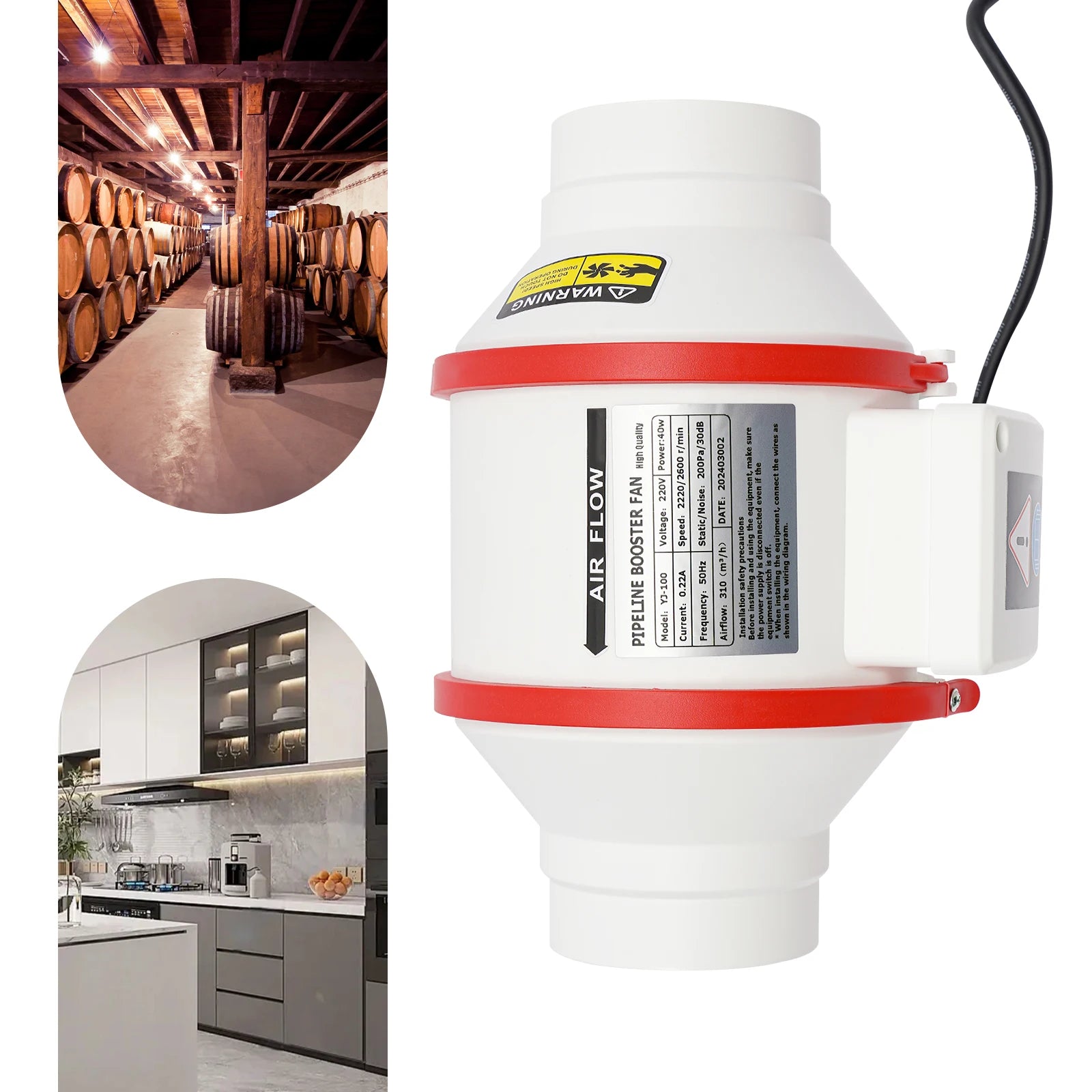 Duct Inline Ventilation Exhaust Fan with Remote Controller,310 m ³/h High Efficiency Air Fan Copper Motor