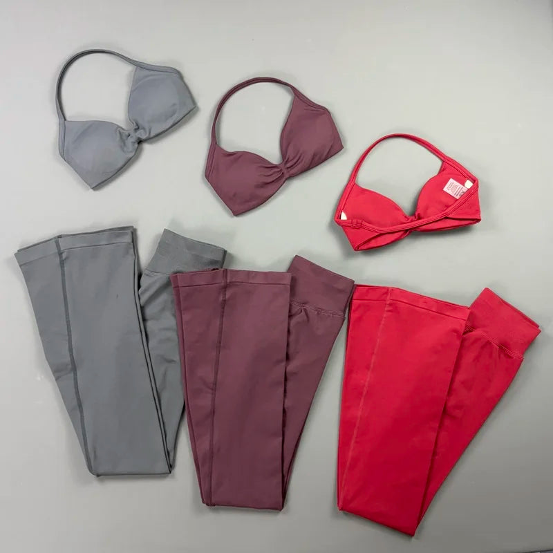 Sexy Women Flare Leggings Set Seamless Hip Lifting Fitness Flared Pants Suit Open Back Gym Strappy Bra Yoga Flares Legging Sets